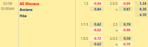 Tỷ lệ kèo giữa Monaco vs Amiens